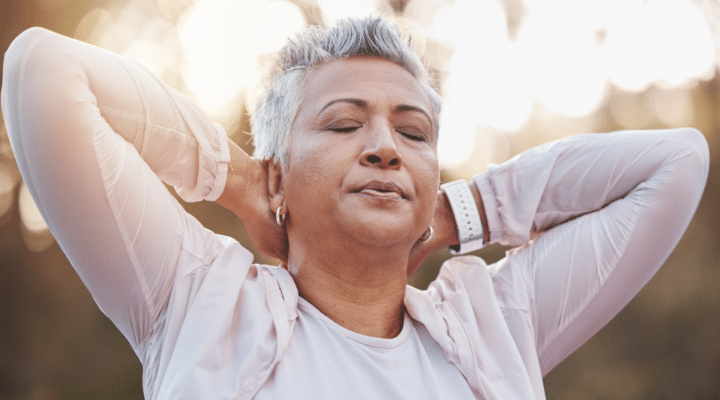 older woman, breathing and stretching arms outdoor for fitness exercise, runner warm up and workout training